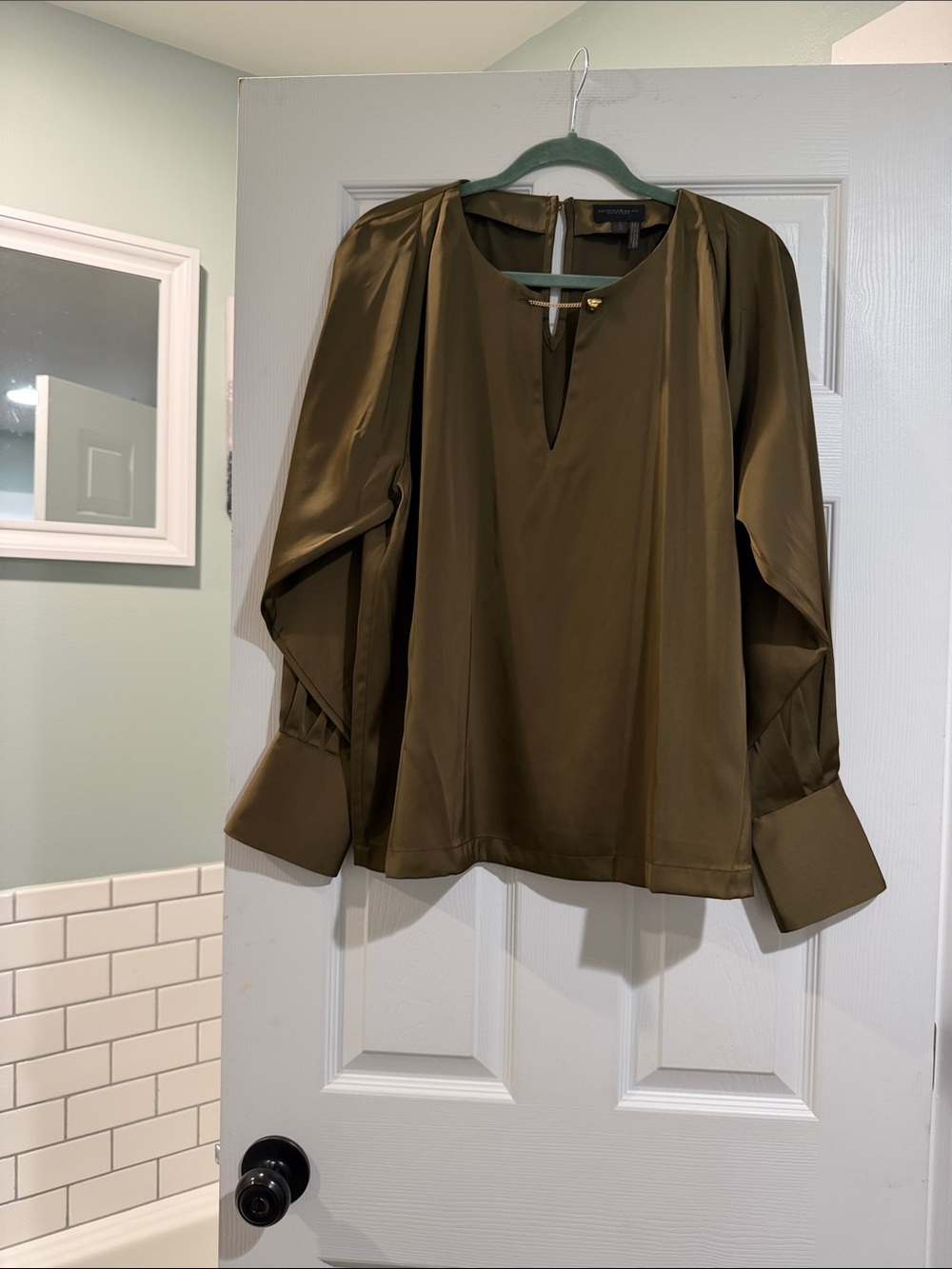 Donna Karan Olive Green Satin Blouse with Keyhole